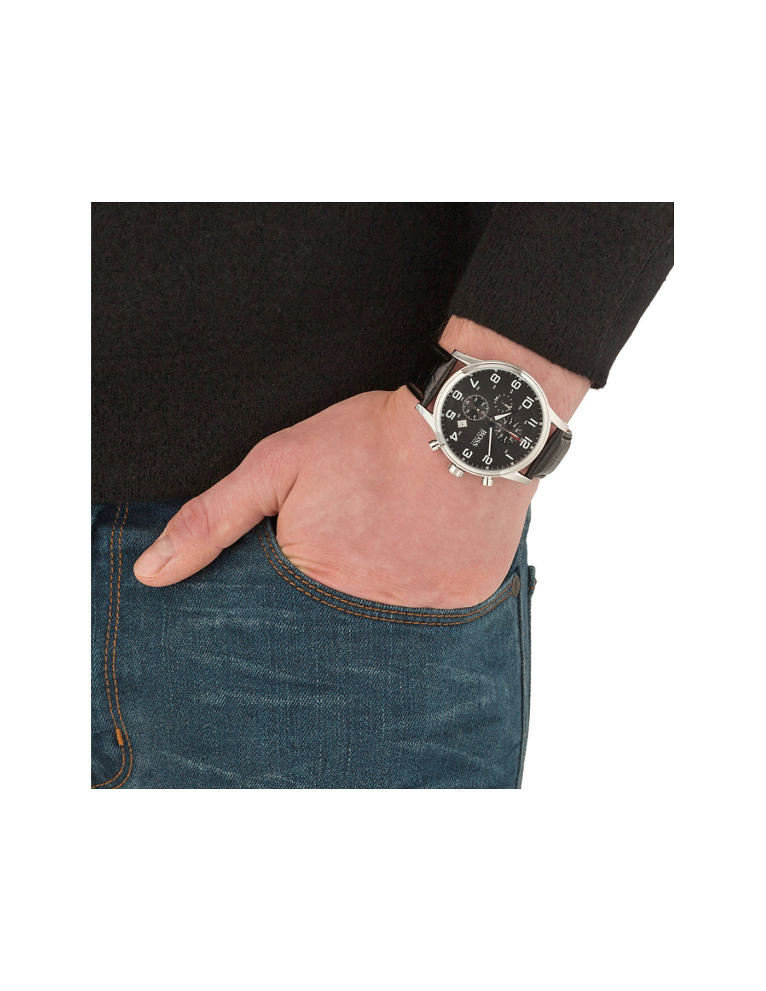 Hugo Boss Aeroliner Chronograph Quartz Black Dial Black Leather Strap Watch For Men - HB1512448