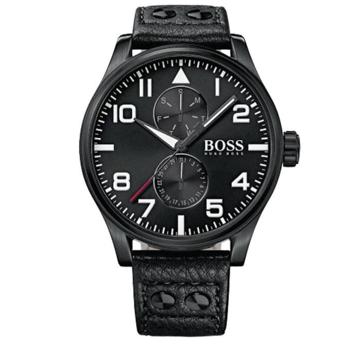 Hugo Boss Aeroliner Black Dial Black Leather Strap Watch For Men - 1513083