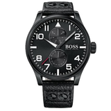Hugo Boss Aeroliner Black Dial Black Leather Strap Watch For Men - 1513083