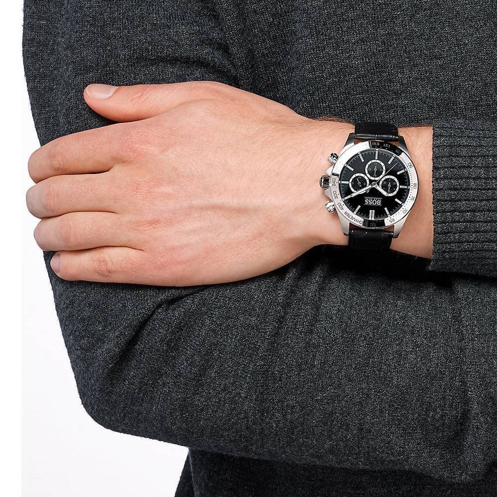 Hugo Boss Ikon Black Dial Black Leather Strap Watch for Men - 1513178