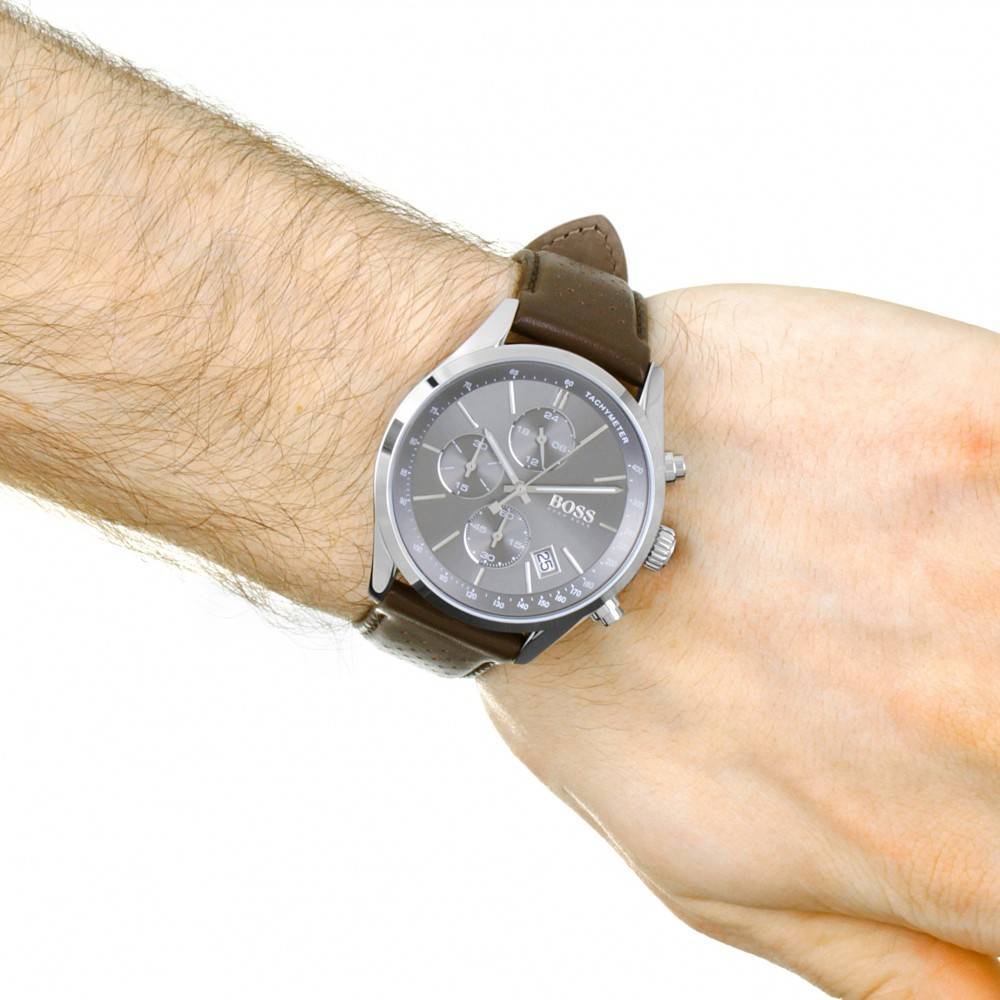 Hugo Boss Grand Prix Grey Dial Brown Leather Strap Watch for Men -  1513476