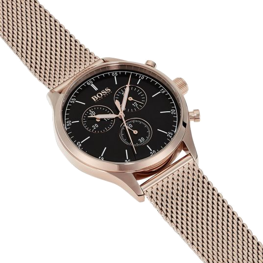 Hugo Boss Companion Quartz Black Dial Rose Gold Mesh Bracelet Watch For Men - HB1513548