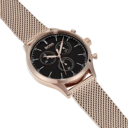 Hugo Boss Companion Chronograph Black Dial Rose Gold Steel Strap Watch For Men - 1513548