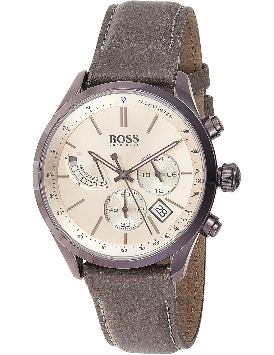 Hugo Boss Grand Prix Silver Dial Grey Leather Strap Watch for Men - 1513603