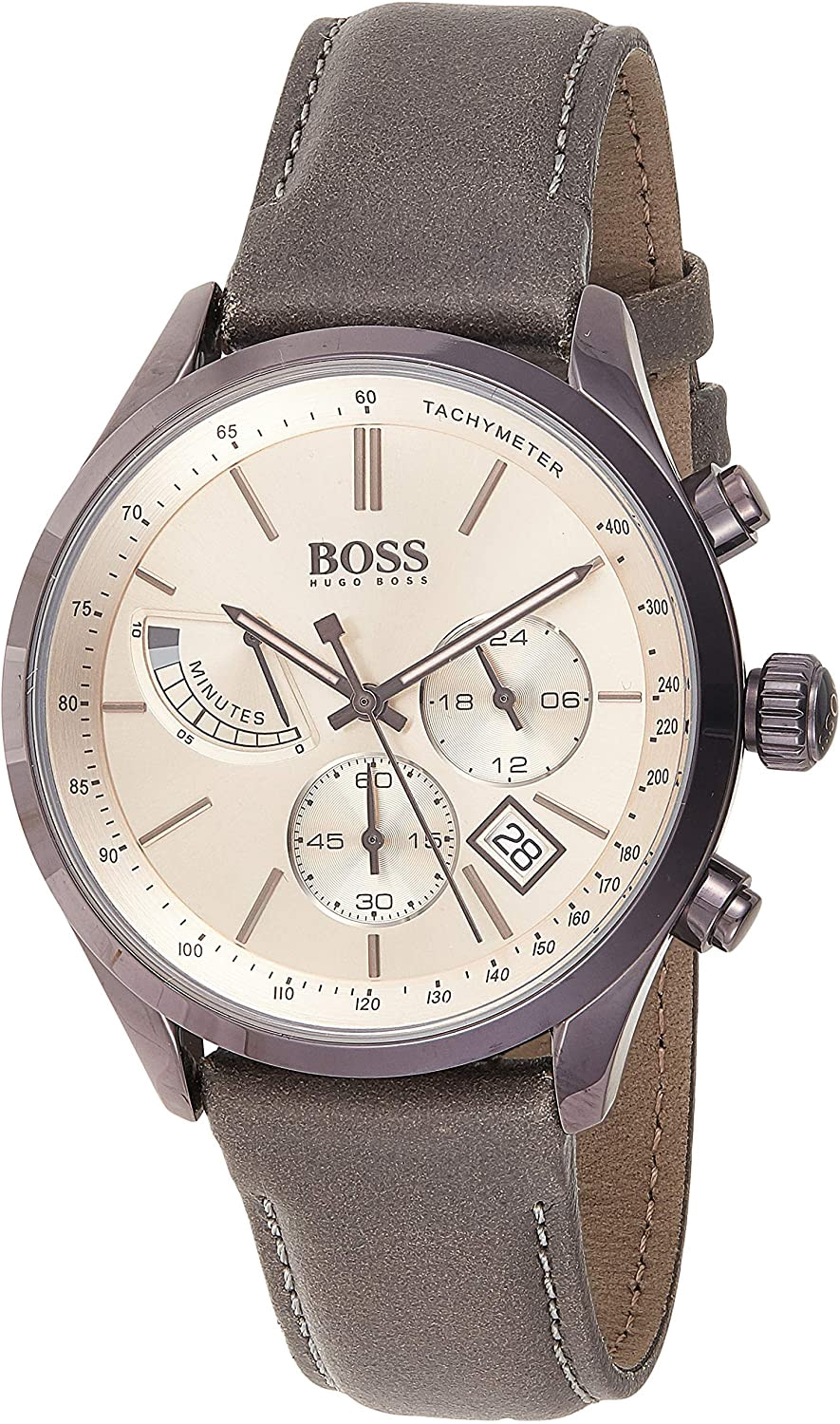 Hugo Boss Grand Prix White Dial Grey Leather Strap Watch for Men - 1513633