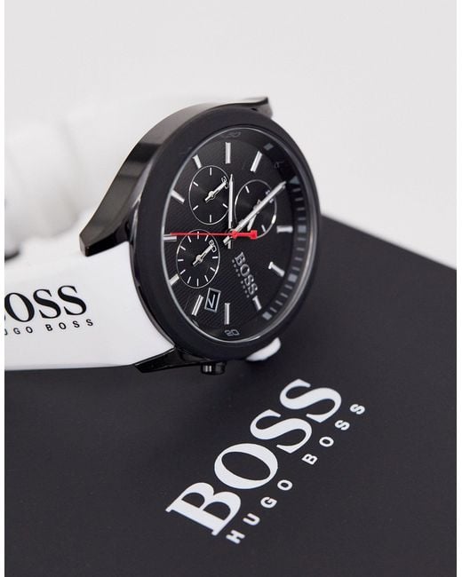 Hugo Boss Velocity Chronograph Black Dial White Rubber Strap Watch for Men - 1513718
