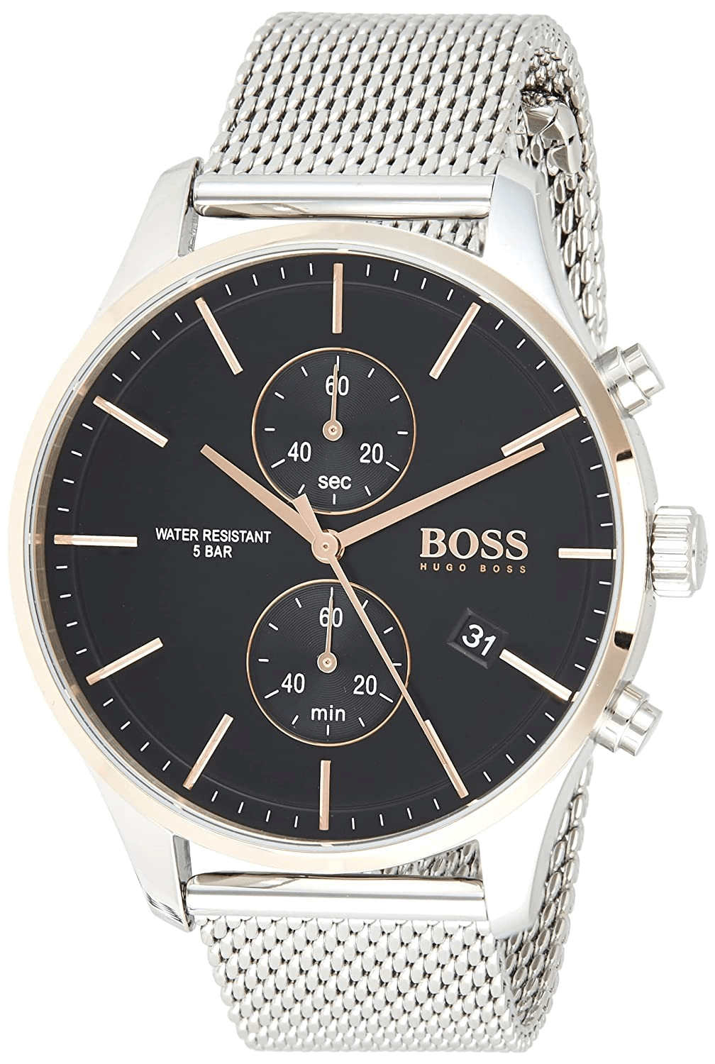 Hugo Boss Associate Black Dial Silver Mesh Bracelet Watch for Men - 1513805
