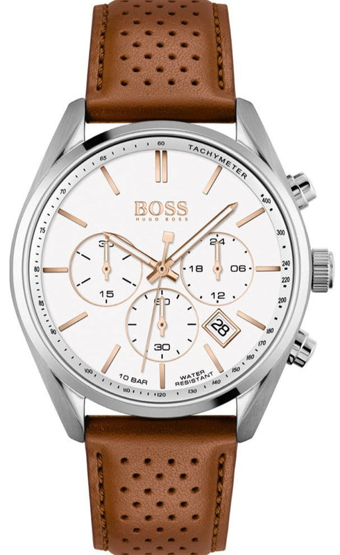 Hugo Boss Champion White Dial Brown Leather Strap Watch for Men - 1513879
