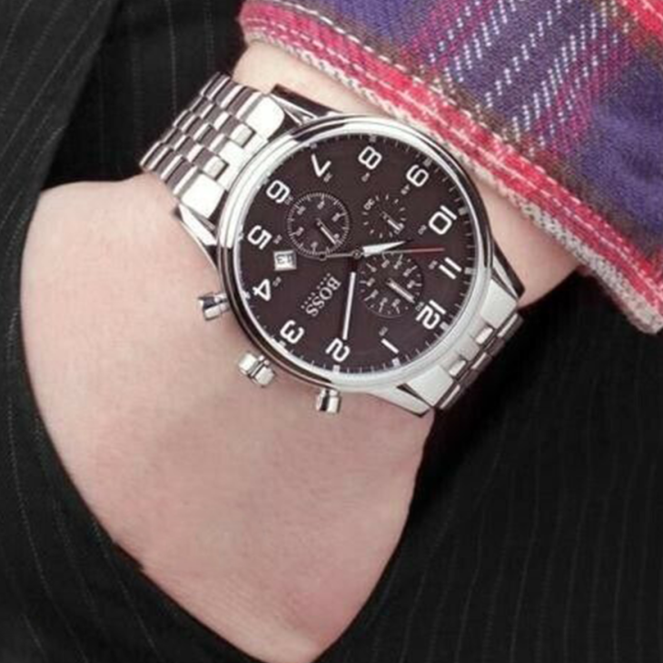 Hugo Boss Aeroliner Chronograph Black Dial Silver Steel Strap Watch For Men - 1512446