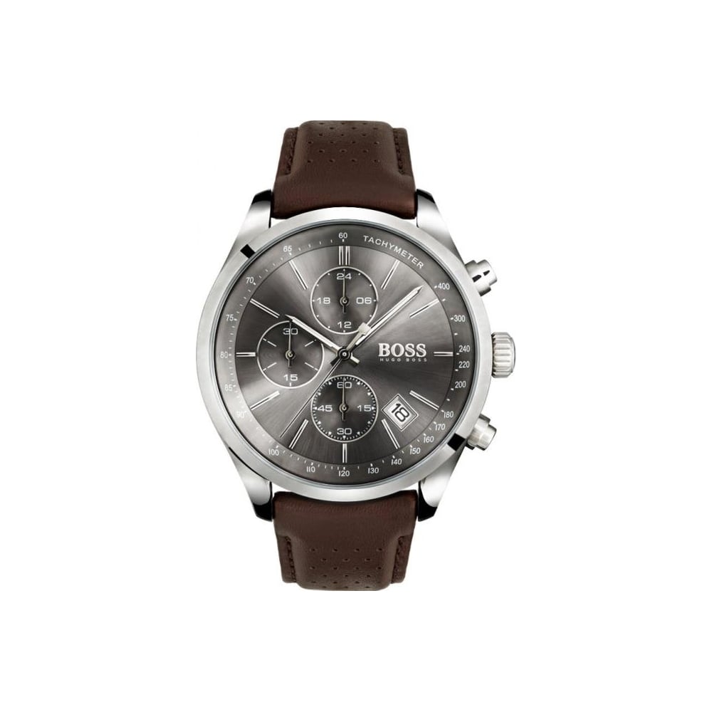 Hugo Boss Grand Prix Grey Dial Brown Leather Strap Watch for Men -  1513476