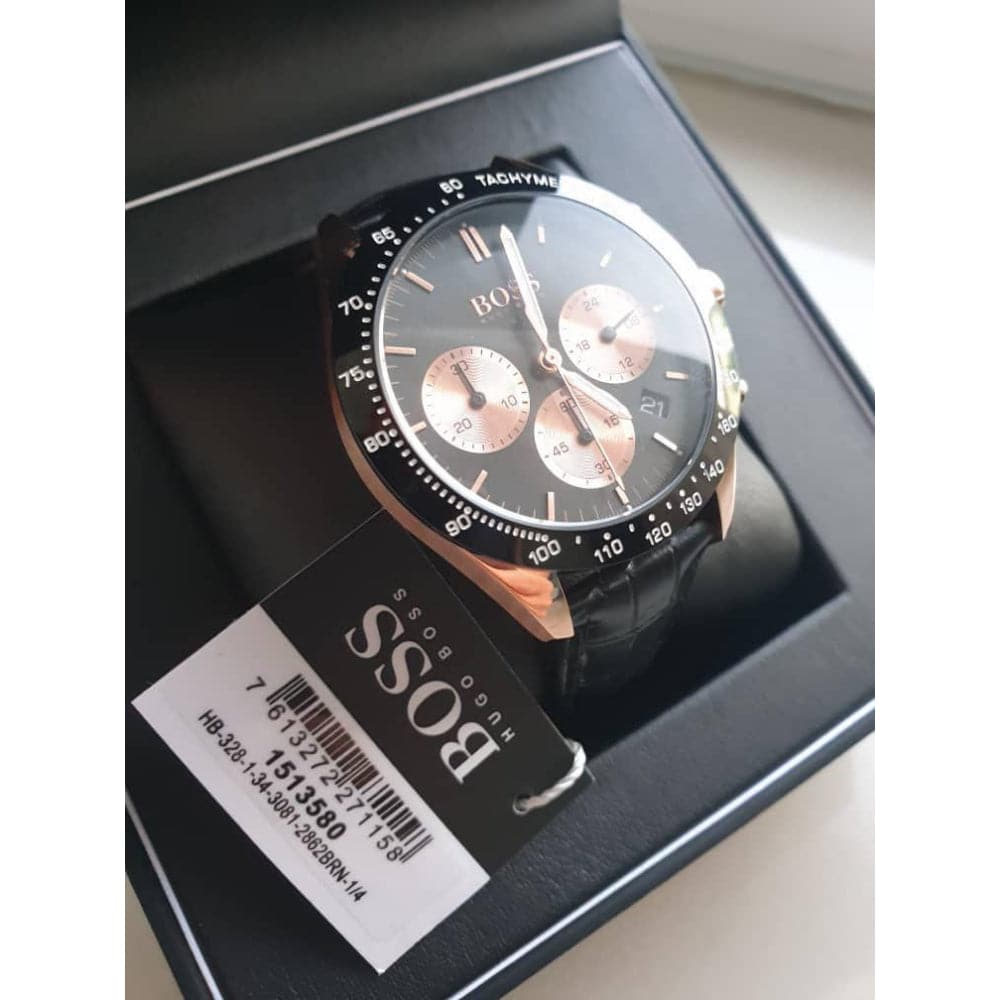 Hugo Boss Talent Chronograph Black Dial Black Leather Strap Watch For Men - 1513580