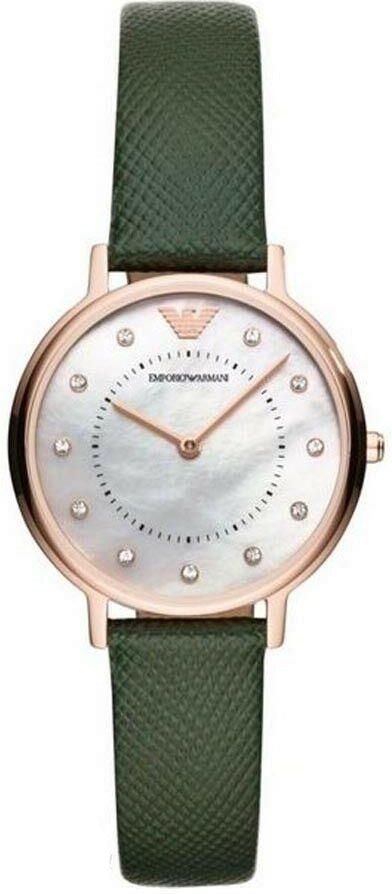 Emporio Armani Mother of Pearl Dial Green Leather Strap Watch For Women - AR11150