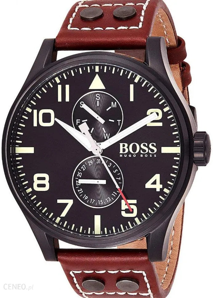 Hugo Boss Aeroliner Day Date Black Dial Brown Leather Strap Watch For Men - HB1513079
