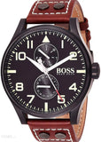Hugo Boss Aeroliner Day Date Black Dial Brown Leather Strap Watch For Men - HB1513079