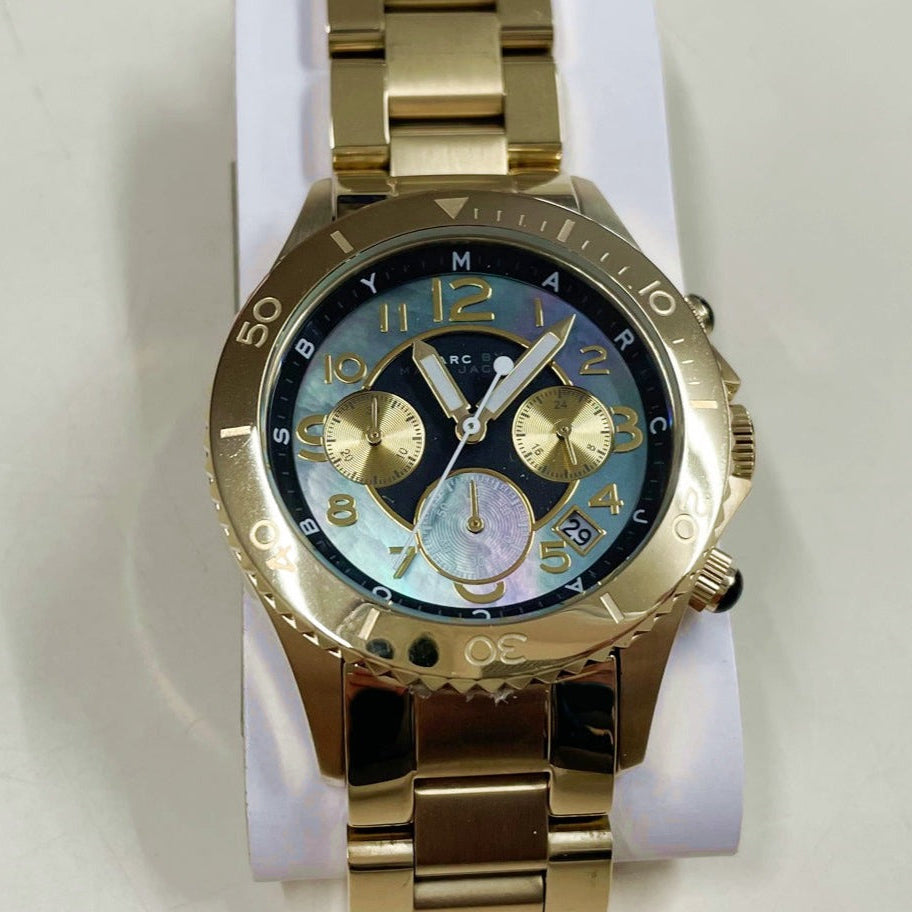 Marc Jacobs Rock Chronograph Green Dial Gold Steel Strap Watch for Women - MBM3252