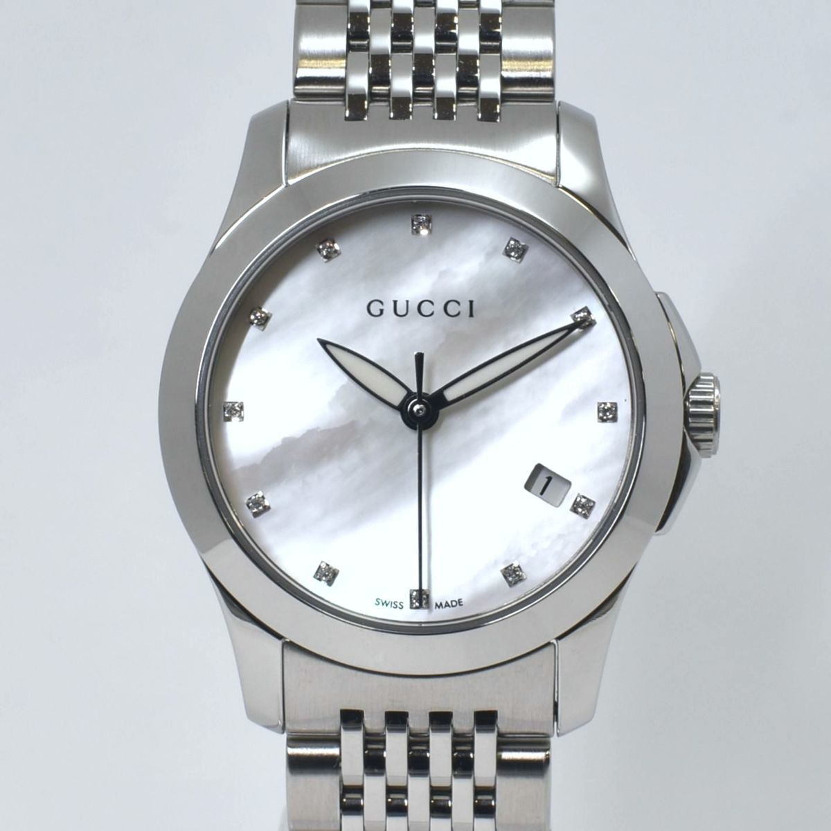 Gucci G Timeless Diamonds Mother of Pearl Dial Silver Steel Strap Watch For Women - YA126504