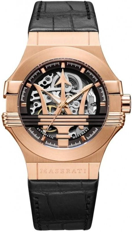 Maserati Potenza Automatic Rose Gold Dial Black Leather Strap Watch For Men - R8821108002