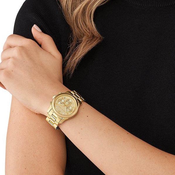 Michael Kors Runway Chronograph Gold Dial Gold Steel Strap Watch For Women - MK7323