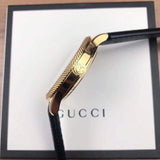 Gucci Eryx Automatic Chevron Gold Dial Black Leather Strap Watch For Men - YA126340