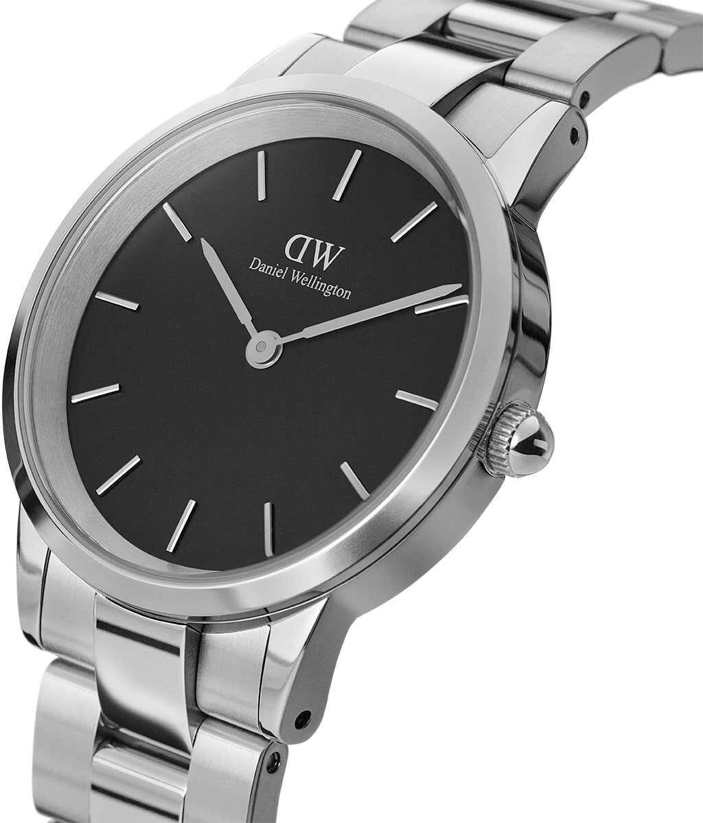 Daniel Wellington Iconic Link Black Dial Silver Steel Strap Watch For Women - DW00100208