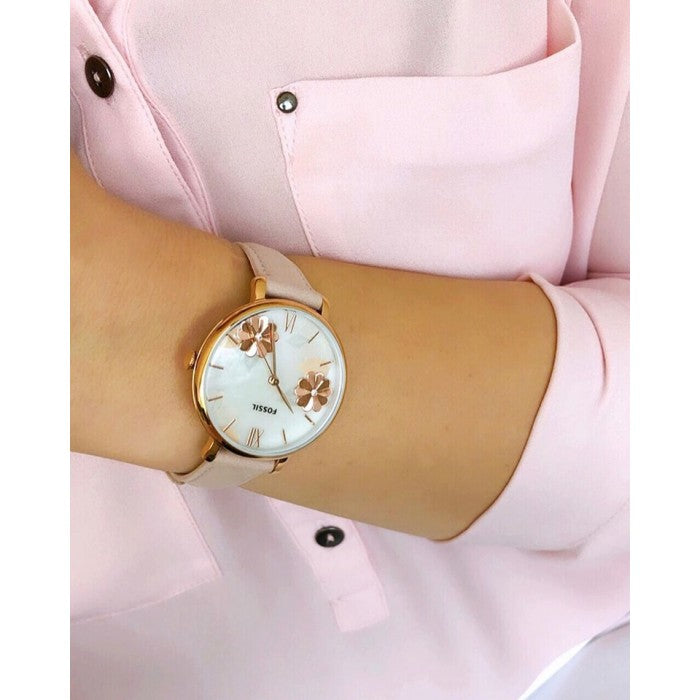 Fossil Jacqueline Three Hand Mother of Pearl Dial Pink Leather Strap Watch for Women - ES4671