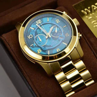 Michael Kors Runway Stop Hunger Blue Dial Gold Steel Strap Watch for Men - MK8315