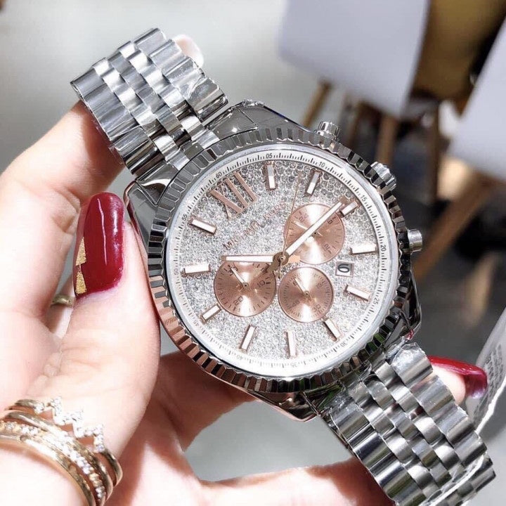 Michael Kors Lexington Chronograph Silver Dial Silver Steel Strap Watch for Men - MK8515