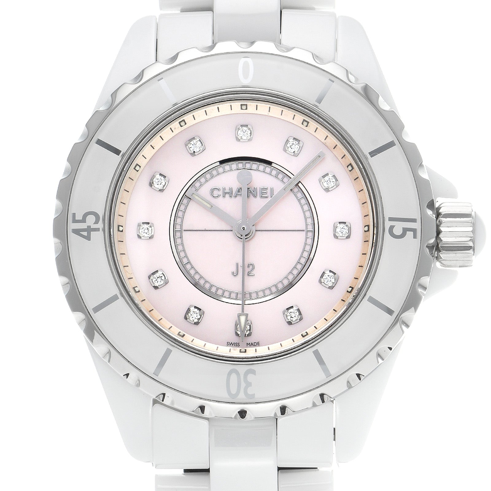 Chanel J12 Quartz Diamonds Pink Dial White Steel Strap Watch for Women - J12 H5513