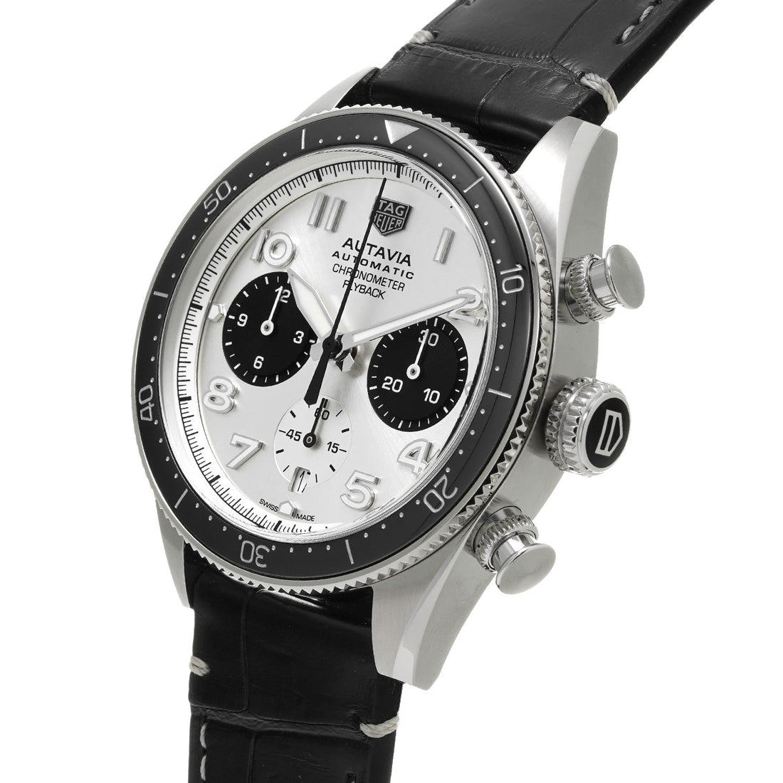 Tag Heuer Autavia Chronometer Flyback Chronograph Silver Dial Black Leather Strap Watch for Men - CBE511B.FC8279