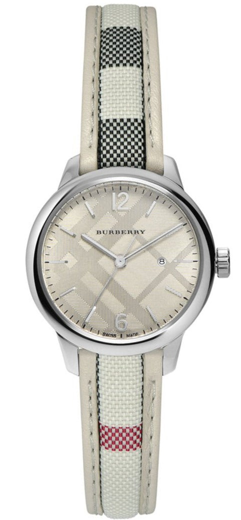 Burberry The Classic Guilloche Silver Dial Grey Leather Strap Watch for Women - BU10113