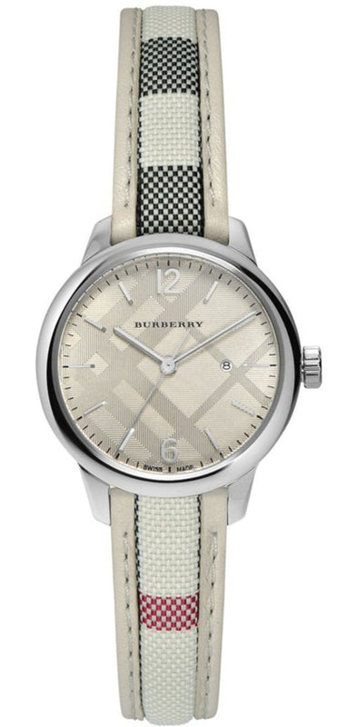Burberry The Classic Guilloche Silver Dial Grey Leather Strap Watch for Women - BU10113
