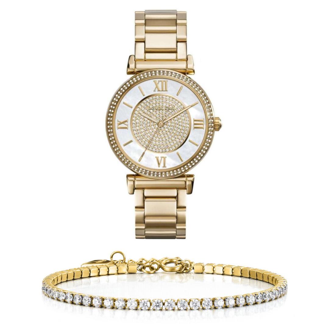 Michael Kors Catlin Mother of Pearl Dial Gold Steel Strap Watch for Women - MK3332