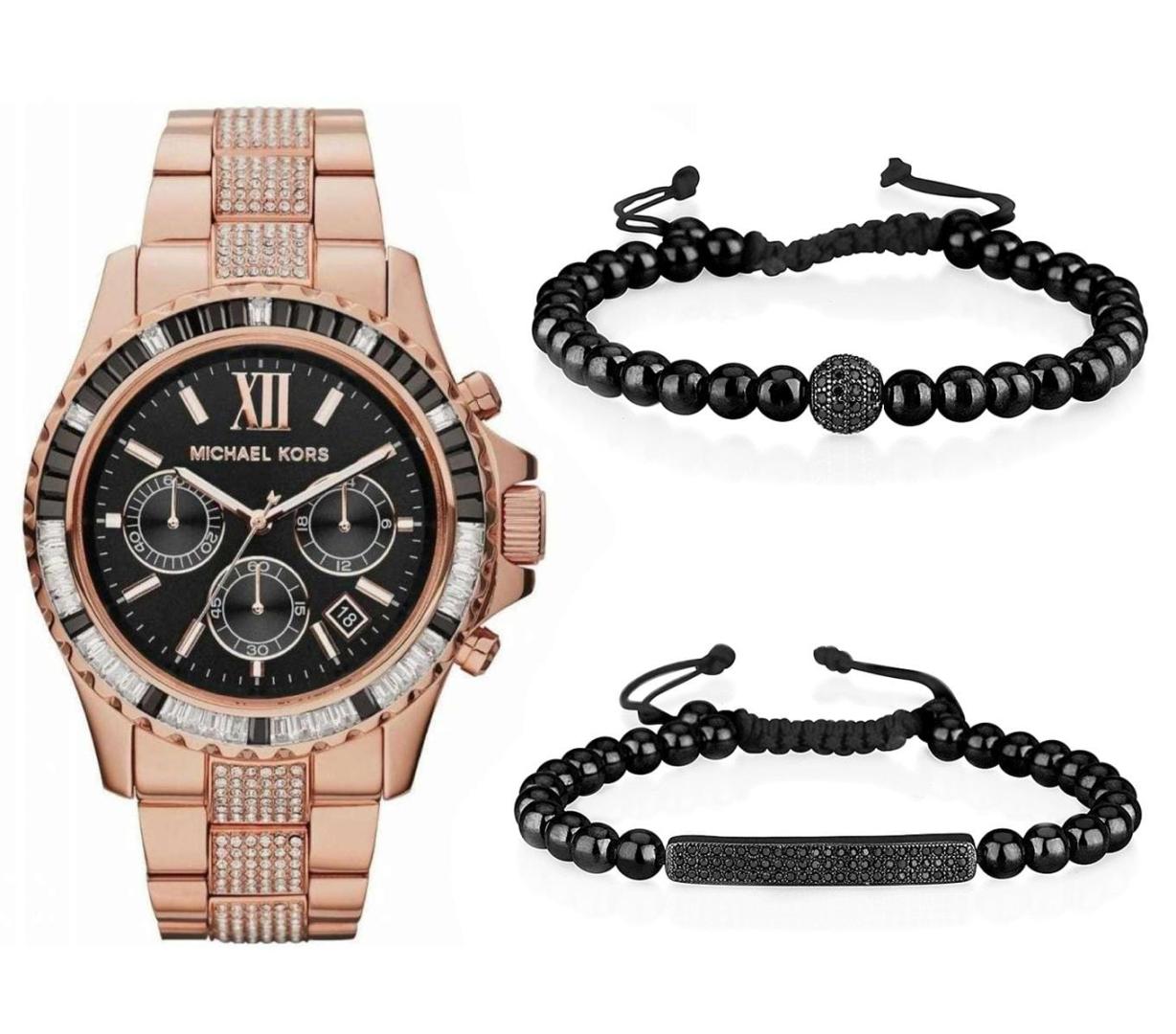 Michael Kors Everest Chronograph Black Dial Rose Gold Steel Strap Watch For Women - MK5875