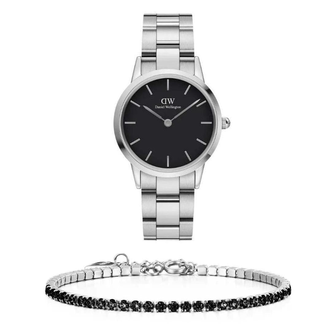 Daniel Wellington Iconic Link Black Dial Silver Steel Strap Watch For Women - DW00100208