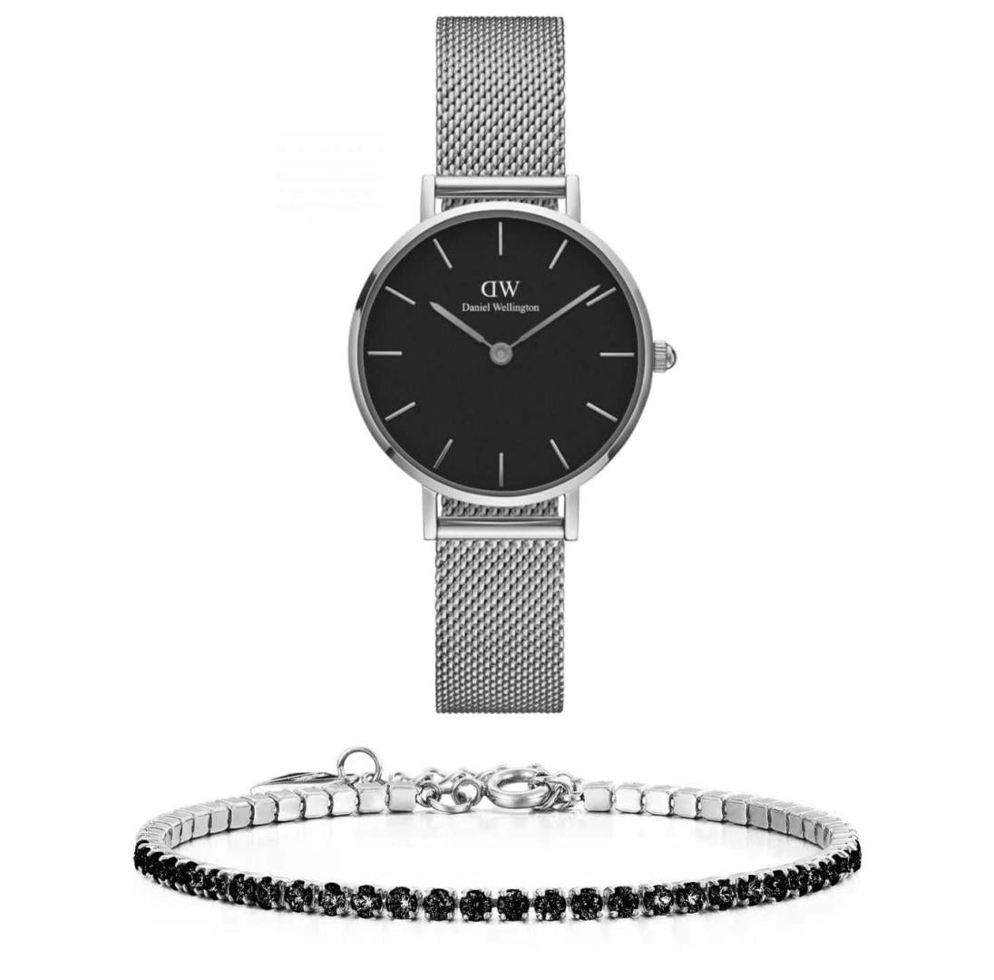 Daniel Wellington Classic Petite Sterling Black Dial Silver Mesh Bracelet Watch For Women - DW00100162