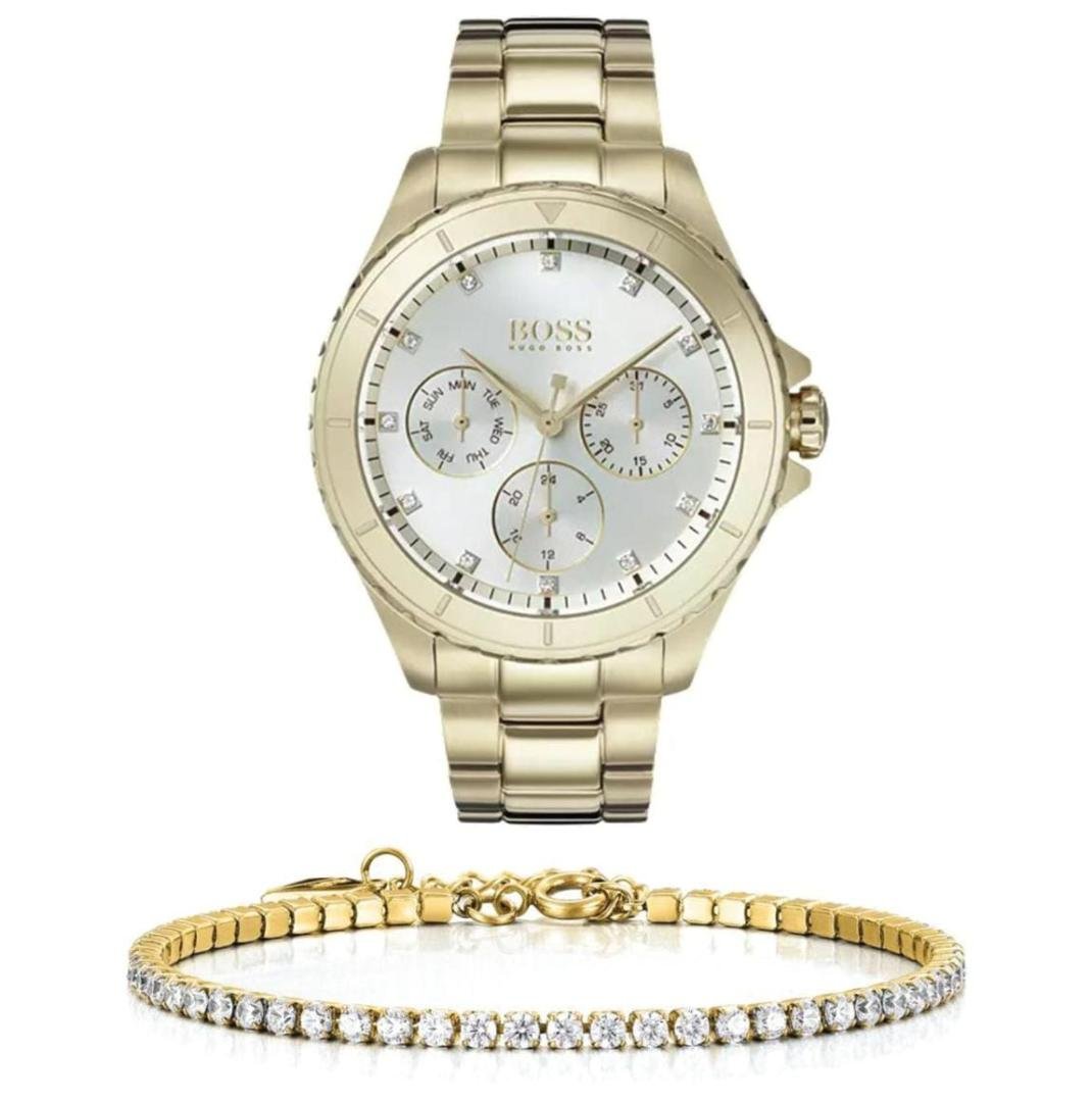 Hugo Boss Premiere White Dial Gold Steel Strap Watch for Women - 1502445