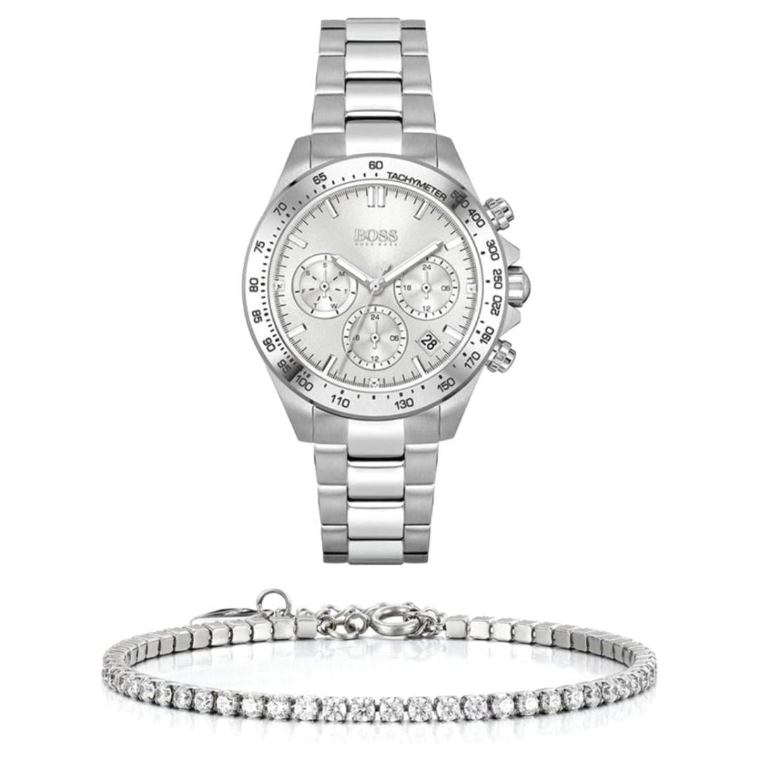 Hugo Boss Novia Chronograph Silver Dial Silver Steel Strap Watch for Women - 1502616