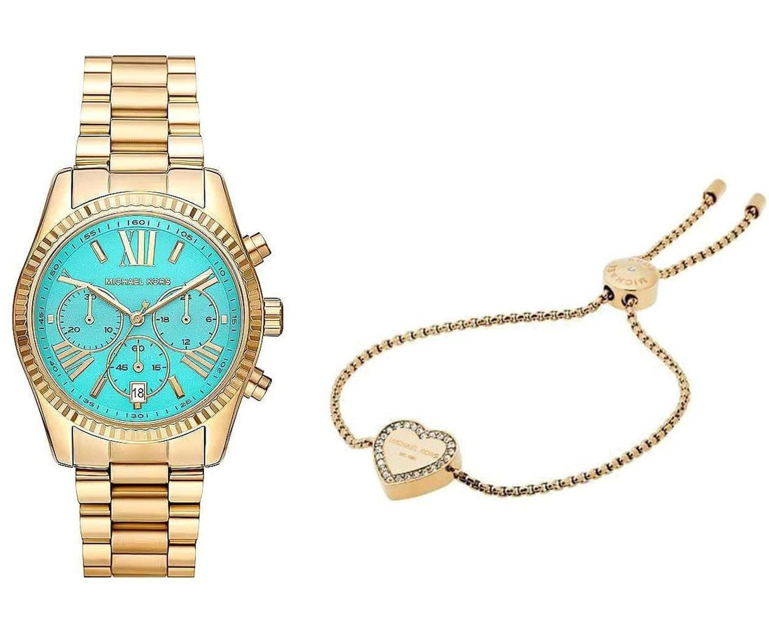 Michael Kors Lexington Chronograph Blue Dial Gold Steel Strap Watch For Women - MK7216
