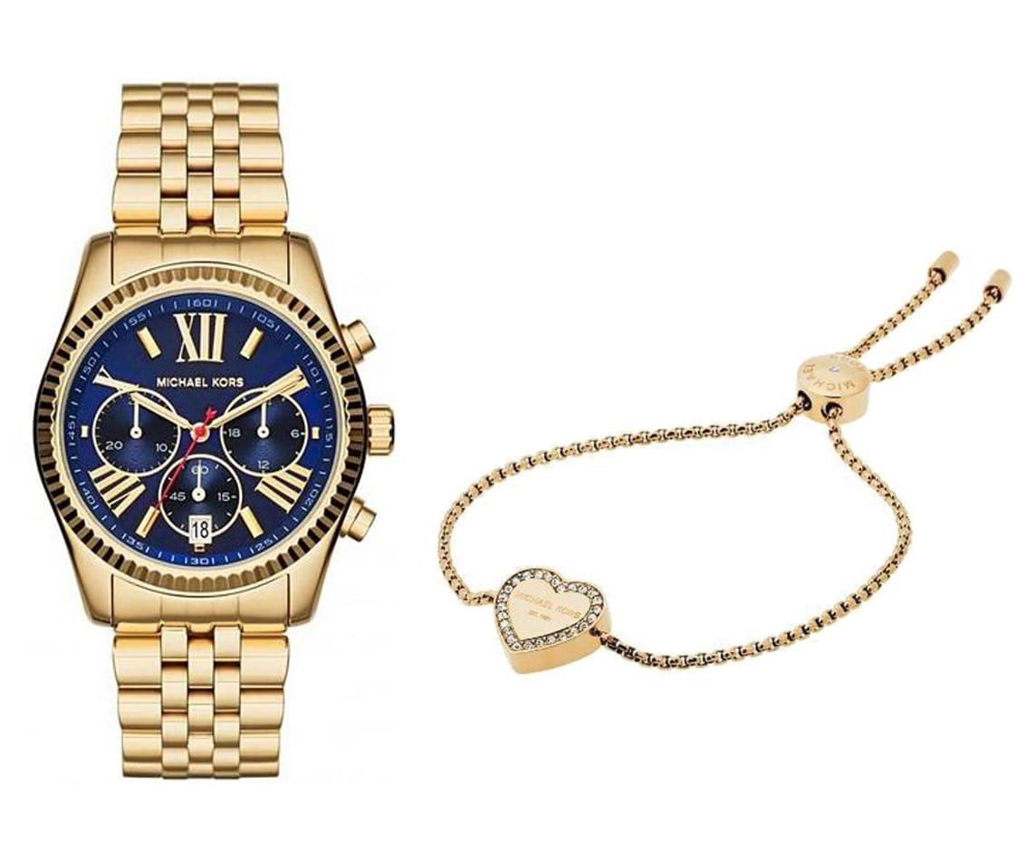 Michael Kors Lexington Chronograph Blue Dial Gold Steel Strap Watch For Women - MK6206