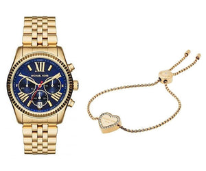 Michael Kors Lexington Chronograph Blue Dial Gold Steel Strap Watch For Women - MK6206