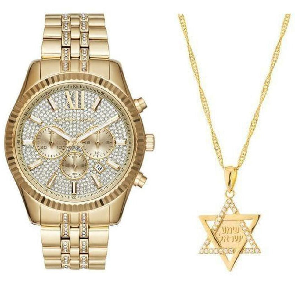 Michael Kors Lexington Chronograph Gold Dial Gold Steel Strap Watch For Men - MK8579