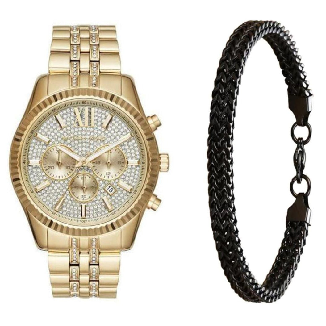 Michael Kors Lexington Chronograph Gold Dial Gold Steel Strap Watch For Men - MK8579