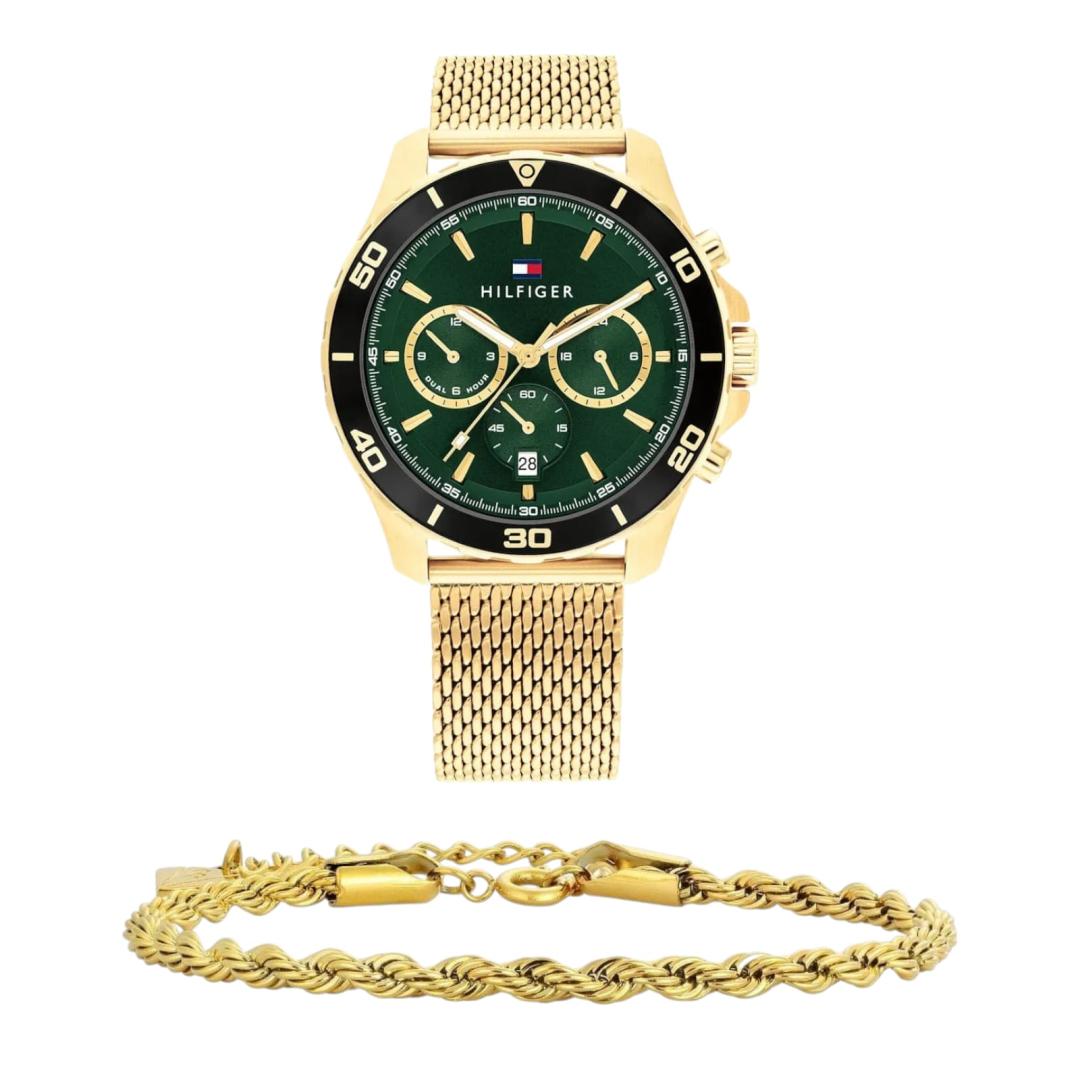 Tommy Hilfiger Jordan Chronograph Green Dial Gold Mesh Strap Watch For Men - 1792093