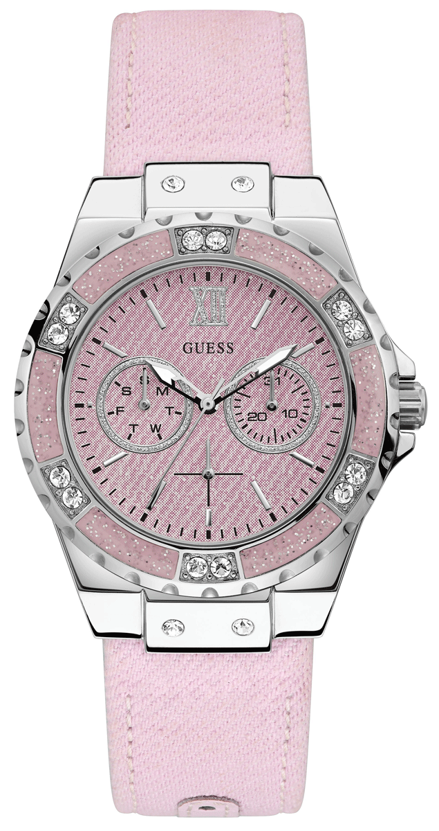 Guess Limelight Quartz Diamonds Pink Dial Pink Denim Strap Watch For Women - W0775l15
