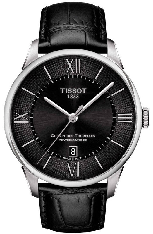 Tissot Chemin Des Tourelles Powermatic 80 Black Dial Black Leather Strap Watch For Men - T099.407.16.058.00