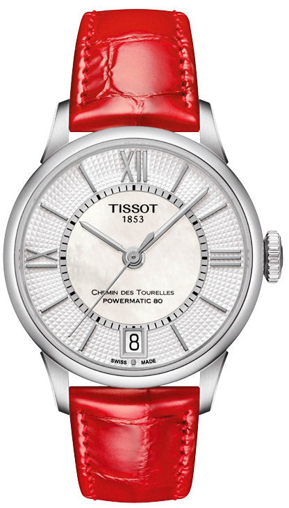 Tissot Chemin Des Tourelles Powermatic 80 Mother of Pearl White Dial Red Leather Strap Watch For Women - T099.207.16.118.00
