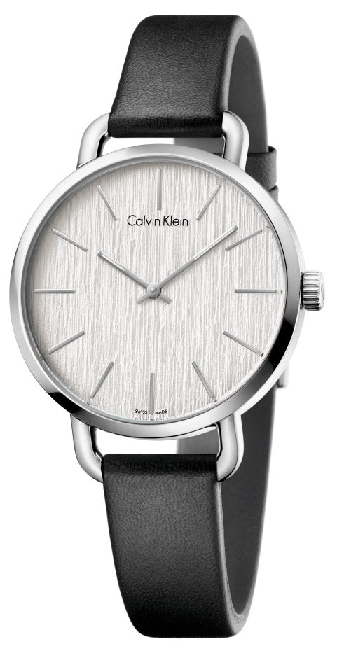 Calvin Klein Even Silver Black Leather Strap Watch for Women - K7B231C6