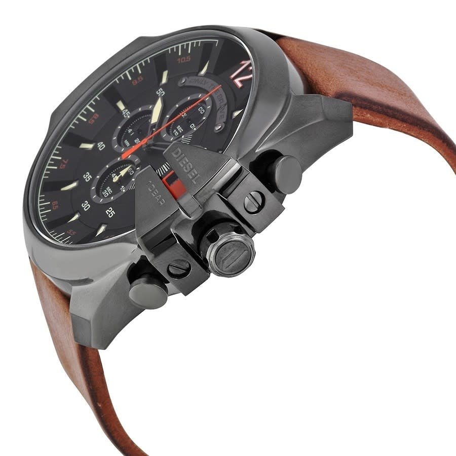 Diesel Mega Chief Chronograph Black Dial Brown Leather Strap Watch For Men - DZ4343