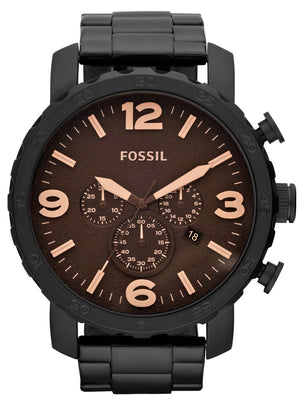 Fossil Nate Chrongraph Ion Plated Black Dial Black Steel Strap Watch for Men - JR1356
