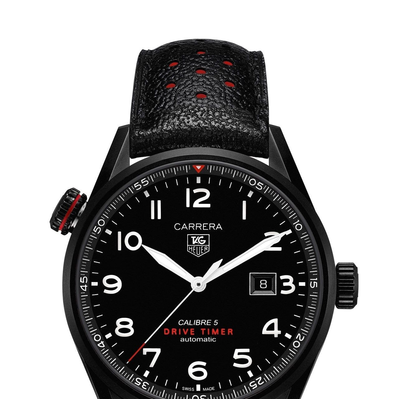 Tag Heuer Carrera Calibre 5 Drive Timer Black Dial Black Leather Strap Watch for Men - WAR2A80.FC6337